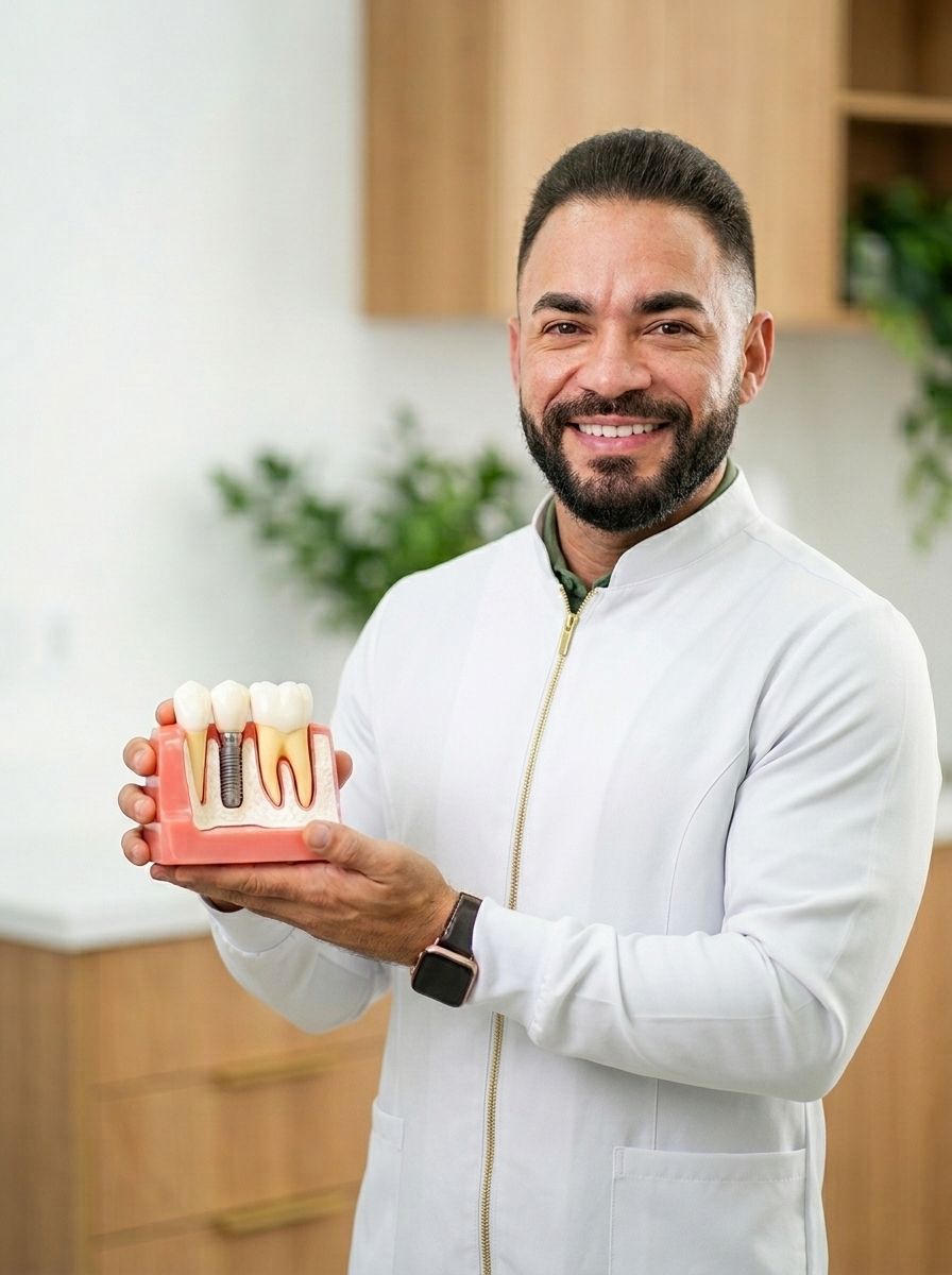 Dr. José Augusto Vicente da Silva segurando um modelo de implante dentário